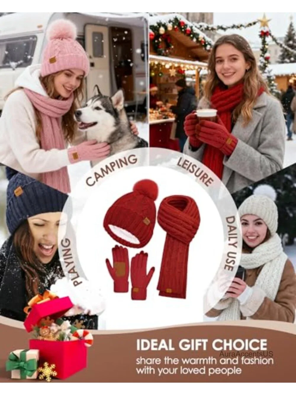 Winter Beanie Hat Scarf Gloves Set, Fleece Lined Knit Pompom Touchscreen Mittens